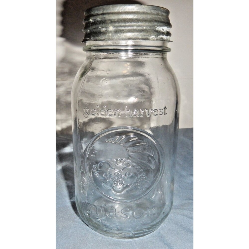 Vintage Golden Harvest Quart Mason Jar Cornucopia Embossed with Zinc Lid Ball